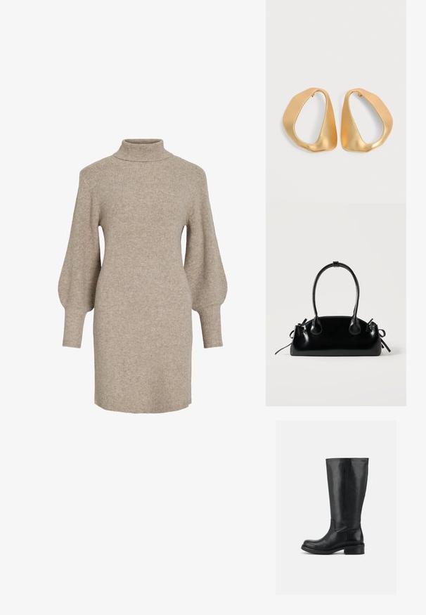 Beige ribstrikket sweaterkjole med høj hals og ballonærmer, med en blød tekstur og længde til midt på låret.; Høj sort læderstøvle med lav blokhæl og rund tå, glat overdel med minimal syning på ensfarvet baggrund.; Lille sort blank håndtaske med to lange håndtag og snøre-detaljer i siden på en ensfarvet lys baggrund.; Par af uregelmæssige, asymmetriske gyldne hoop-øreringe med en glat, mat finish på en neutral baggrund.
