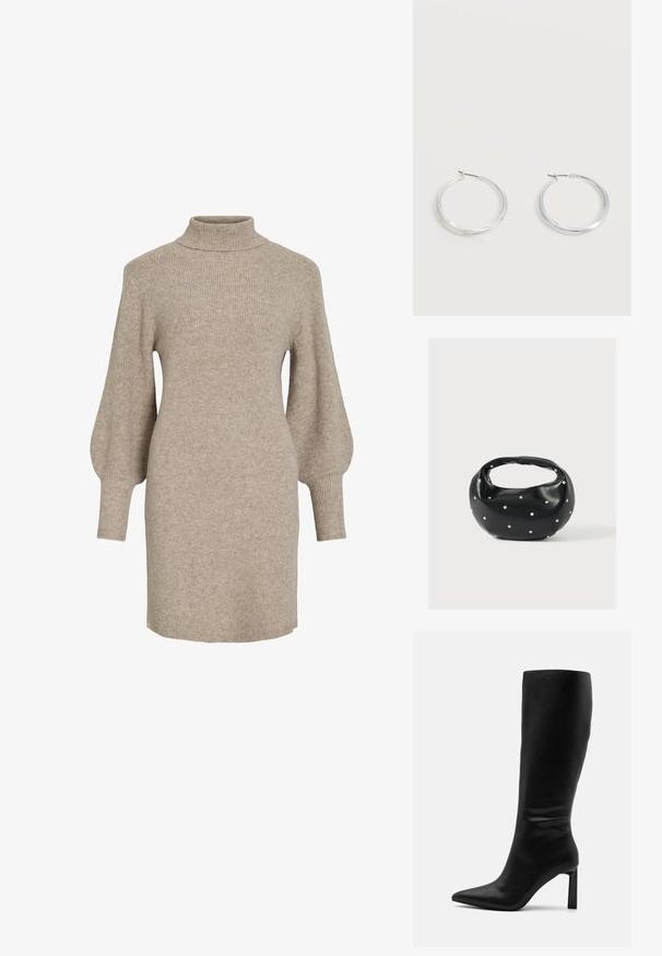 Beige ribstrikket sweaterkjole med høj hals og ballonærmer, med en blød tekstur og længde til midt på låret.; Even&Odd by Zalando Høje støvler/ Støvler - black; Sort læderhåndtaske med en rundet form, dekoreret med sølvnitter, og et kort håndtag. Glat tekstur og lynlåslukning.; Sølvfarvede metaloorringe med glat, let buet overflade og låsemekanisme på en ensfarvet hvid baggrund.