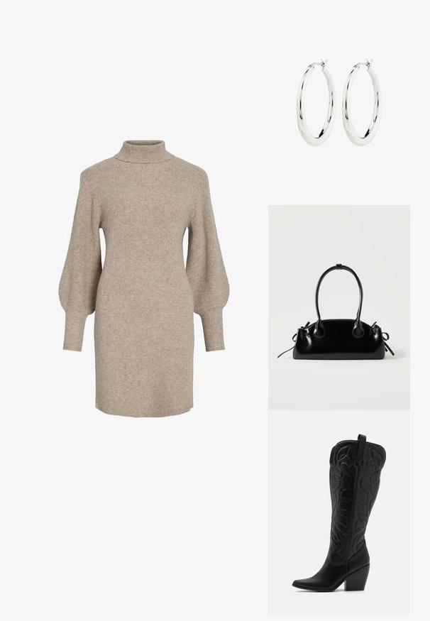 Beige ribstrikket sweaterkjole med høj hals og ballonærmer, med en blød tekstur og længde til midt på låret.; Sorte knæhøje støvler i læder med spids snude og lagdelt hæl. Har dekorative syninger og buede designelementer.; Lille sort blank håndtaske med to lange håndtag og snøre-detaljer i siden på en ensfarvet lys baggrund.; Sølvøreringe i form af hoops med en glat, blank finish. Cirkulær form, der har en sikker lås. Simpelt og elegant design.
