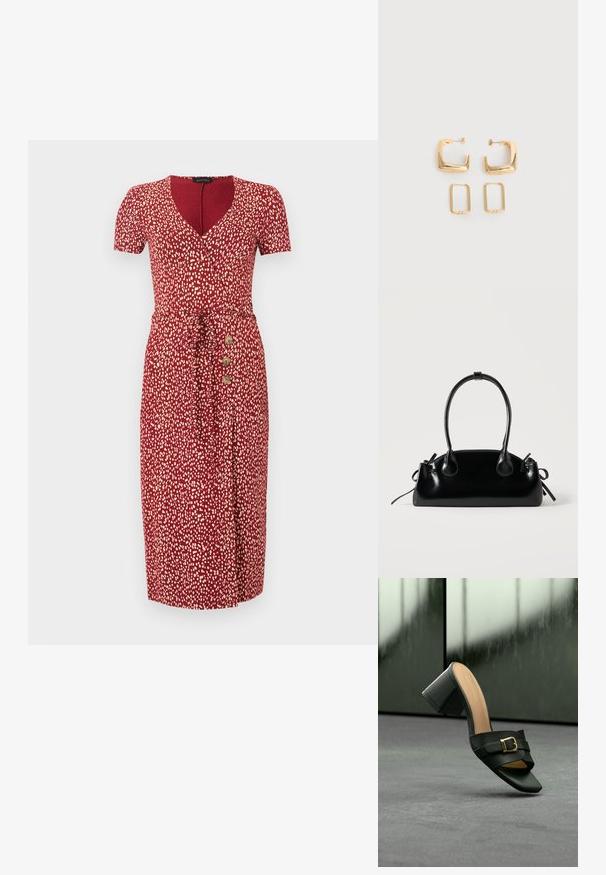Robe midi rouge avec des taches blanches abstraites, manches courtes, décolleté en V, ceinture à la taille et trois boutons en bois sur le côté gauche.; Mule en cuir noir à bout ouvert avec talon bloc et détail de boucle dorée, présenté sur une surface grise avec un fond sombre flou.; Petit sac à main noir brillant avec deux longues anses et des détails à cordon sur les côtés sur un fond clair uni.; Deux paires de Boucles d'oreilles créoles géométriques dorées sur une surface blanche unie, une paire carrée et pleine, une paire rectangulaire et creuse.
