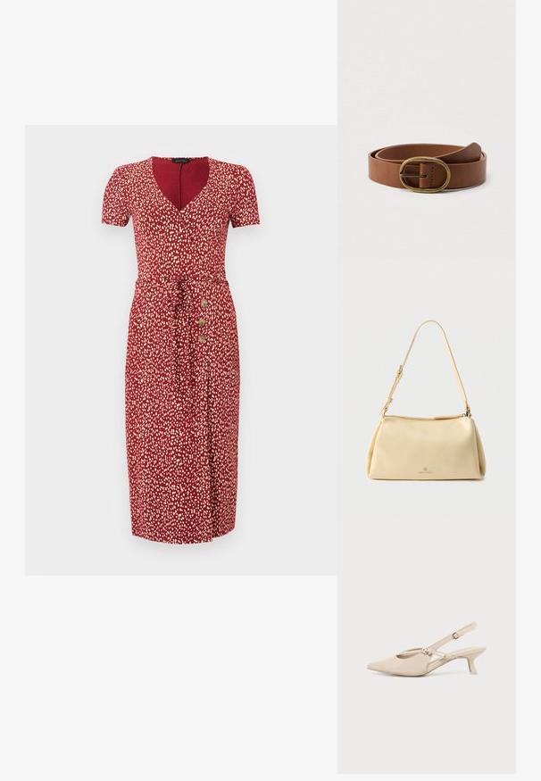 Robe midi rouge avec des taches blanches abstraites, manches courtes, décolleté en V, ceinture à la taille et trois boutons en bois sur le côté gauche.; Chaussure slingback beige à bout pointu, avec un petit talon kitten bas et une bride de cheville ajustable sur un fond clair uni.; Sac bandoulière rectangulaire beige avec sangle réglable et fermeture éclair, comportant un petit logo "Anna Field" au centre avant.; Ceinture en cuir marron enroulée avec une boucle ovale en laiton, présentée sur un fond blanc uni.