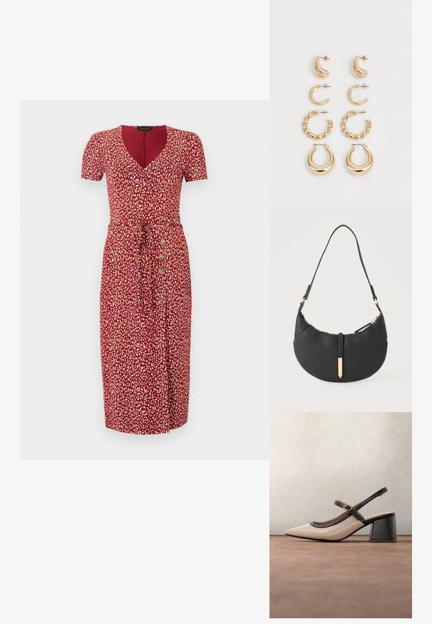 Robe midi rouge avec des taches blanches abstraites, manches courtes, décolleté en V, ceinture à la taille et trois boutons en bois sur le côté gauche.; Chaussure beige à talons hauts avec bride arrière, bout pointu, bordure noire et détail boucle. Matériau lisse à finition mate, talon moyen épais.; Sac à main noir en forme de croissant avec une bandoulière unique, une fermeture éclair dorée et une languette décorative rectangulaire dorée à l'avant.; Ensemble de cinq boucles d'oreilles en or, avec des designs variés : surfaces torsadées, striées et lisses en formes de créoles et de croissants.