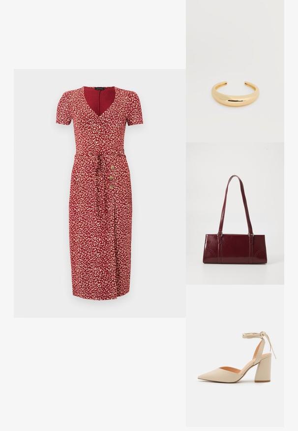 Robe midi rouge avec des taches blanches abstraites, manches courtes, décolleté en V, ceinture à la taille et trois boutons en bois sur le côté gauche.; Chaussure à talons aiguilles beige avec un bout pointu, une bride de cheville et un large talon bloc. Matériau synthétique lisse avec une finition mate.; Sac à main bordeaux en matériau brillant, de forme rectangulaire, avec deux anses et des accents légèrement courbés à l'avant.; Bracelet manchette en or lisse et brillant avec un design légèrement incurvé et ouvert sur un fond blanc uni.