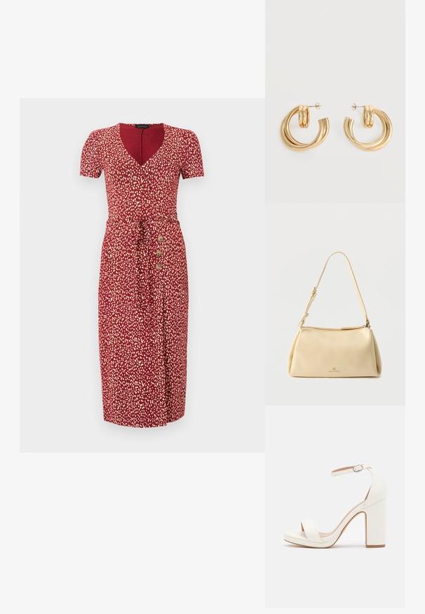 Robe midi rouge avec des taches blanches abstraites, manches courtes, décolleté en V, ceinture à la taille et trois boutons en bois sur le côté gauche.; Sandale à talon haut blanche avec une bride de cheville, design minimaliste, bout ouvert, talon carré et texture en cuir lisse.; Sac bandoulière rectangulaire beige avec sangle réglable et fermeture éclair, comportant un petit logo "Anna Field" au centre avant.; Paire de boucles d'oreilles créoles doubles en or brillant avec attaches à tige sur fond blanc.