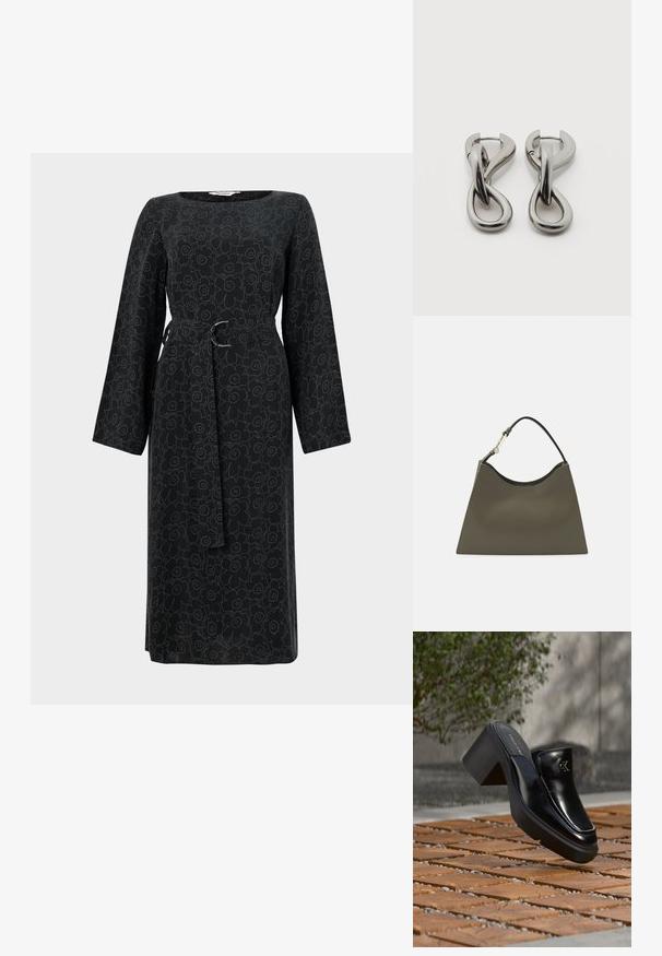 Musthave mustikaased pikkade varrukatega kleit, mis on kaunistatud heledamate toonidega lillemustriga, kinnitatud vöökoht ja ruudukujuline kaelus. Valmistatud kergest kangast.; Mustast nahast Calvin Kleini slip-on mules, millel on plokk-konts, toetub puitplaatidele õues, lähedal rohelisele taimele ja hallile seinale.; Olive roheline kott siledast materjalist, ümarate ülaäärte ja ühe musta käepidemega. Omab minimalistlikku disaini ja kolmnurkset baasi.; Hõbedatoonides metallist kõrvarõngad abstraktse üksteisega põimunud aasade disainiga valgel taustal.