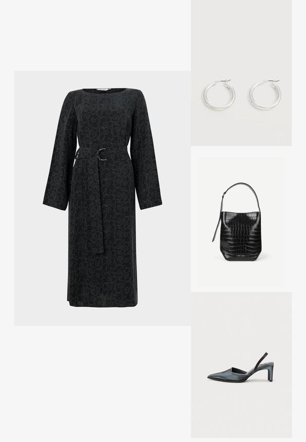 Sort langærmet kjole med et blomster mønster i en lysere nuance, med en knyttet talje og en firkantet halsudskæring. Fremstillet af letvægtsstof.; Sort slingback-hæl med spids tå, slank satinfinish og en slank hæl på 3 tommer. Åben sidedesign med minimal syningsdetalje.; Sort spandtaske i krokodillepræget læder med enkelt skulderrem og lille sølvfarvet mærkelogo foran nederst i midten.; Par mellemstore skinnende sølv hoops øreringe med tynde metal spænder på en lys neutral baggrund.