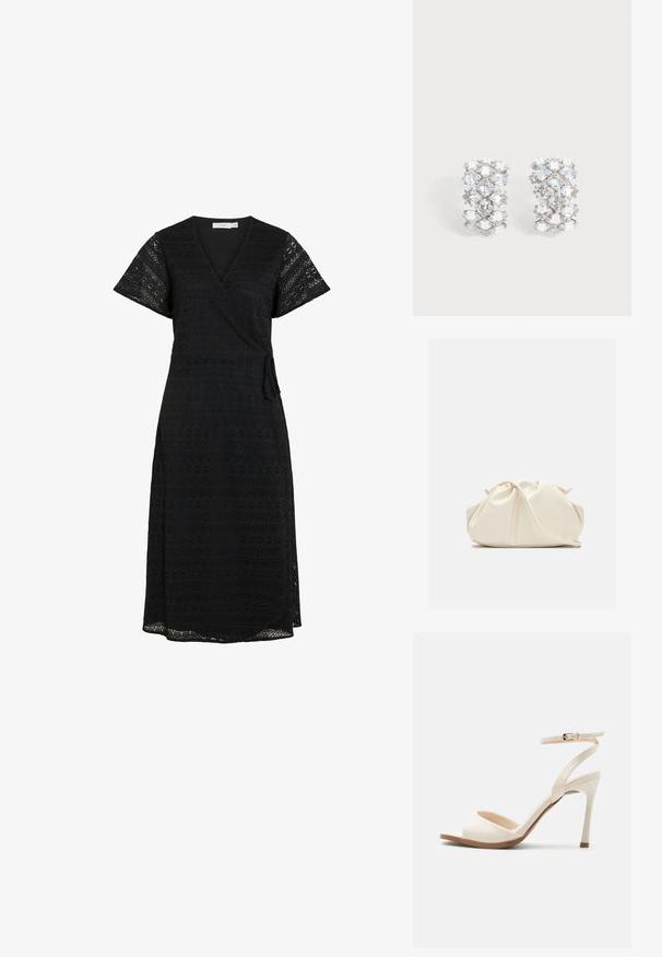 Schwarzes Wickelkleid mit kurzen Ärmeln und aufwendigen Spitzenverzierungen, mit einem seitlichen Bindeband und einem fließenden Saum, geeignet für verschiedene Anlässe.; Beige High-Heel-Sandale mit dünnem Knöchelriemen und goldener Schnalle, offenem Zehenbereich und schlankem Stiletto-Absatz auf weißem Hintergrund.; Weiche, cremefarbene Leder-Clutch mit gerafftem Design und einem dünnen Schulterriemen, der vorne auf einem schlichten Hintergrund liegt.; Paar silberfarbene Ohrringe mit mehreren facettierten klaren Kristallen, die in einem geometrischen Muster angeordnet sind.