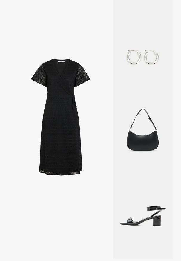 Vestido negro envolvente con mangas cortas y detalles intrincados de encaje, con un lazo lateral y un dobladillo fluido, adecuado para diversas ocasiones.; Sandalia de charol negro con tacón de bloque, puntera abierta y tira al tobillo con hebilla, mostrada de lado sobre fondo blanco.; Pieces PCALUANA SHOULDER BAG - Bolso de mano - black; Pendientes de aro de plata con un acabado pulido, que presentan una forma circular y un cierre de gancho. Textura suave con detalles mínimos.
