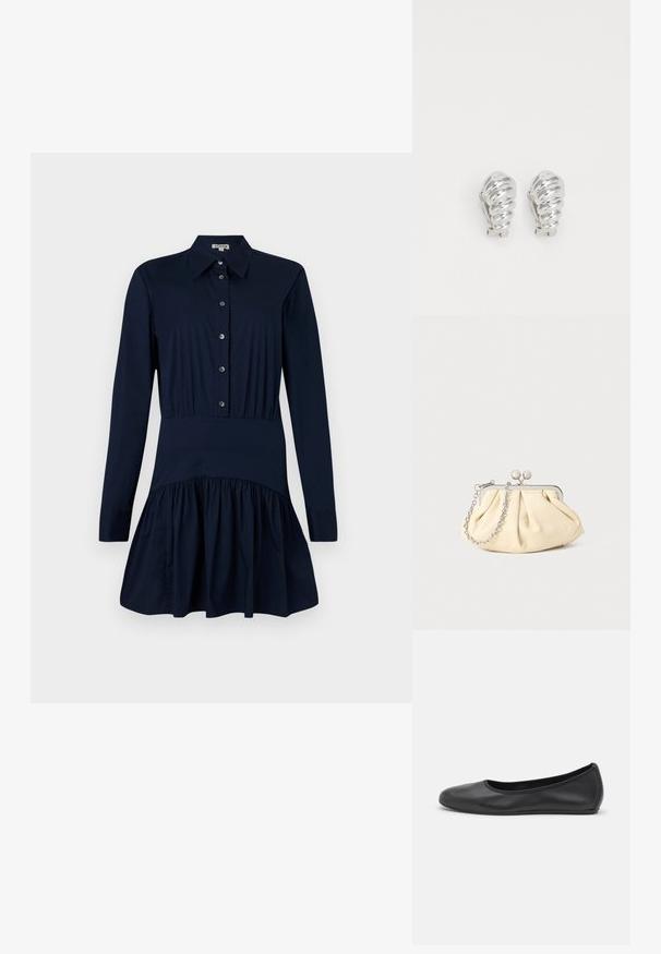 Robe chemise bleu marine avec un devant à boutons, des manches longues, une taille cintrée et une jupe évasée avec un détail froncé à l'ourlet.; Ballerines en cuir noir avec un bout rond, texture lisse, détails de couture minimalistes et design de semelle flexible.; Pochette en cuir beige plissé avec un cadre en métal argenté, dotée de deux fermoirs ronds décoratifs et d'une chaîne en argent.; Boucles d'oreilles en clip argentées avec un design en spirale, présentant une texture métallique lisse et des formes arrondies. Pas d'embellissements ou de motifs visibles.
