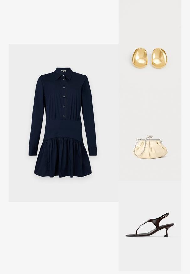 Robe chemise bleu marine avec un devant à boutons, des manches longues, une taille cintrée et une jupe évasée avec un détail froncé à l'ourlet.; Sandale slingback en cuir verni marron foncé avec petit talon et bride entre les orteils sur fond blanc.; Pochette en cuir beige plissé avec un cadre en métal argenté, dotée de deux fermoirs ronds décoratifs et d'une chaîne en argent.; Boucles d'oreilles en forme de clou de couleur or, avec une forme lisse et arrondie et une surface réfléchissante, mettant en avant un design minimaliste sans motifs visibles.