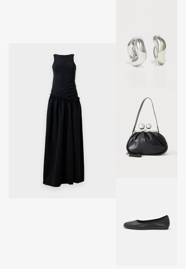 Robe noire avec un haut ajusté à col rond et une jupe froncée et fluide. Fabriquée à partir d'un tissu doux et lisse avec une texture homogène.; Ballerines en cuir noir avec un bout rond, texture lisse, détails de couture minimalistes et design de semelle flexible.; Sac à main en cuir noir avec un design plissé, une sangle unique, un cadre métallique argenté et deux grandes fermoirs ronds en argent.; Boucles d'oreilles sculpturales en argent avec des formes douces et courbes et des surfaces réfléchissantes. Présentent un design de boucle fermée et une forme organique distincte.