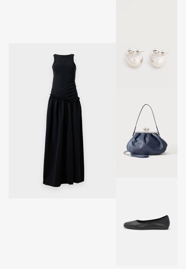 Robe noire avec un haut ajusté à col rond et une jupe froncée et fluide. Fabriquée à partir d'un tissu doux et lisse avec une texture homogène.; Ballerines en cuir noir avec un bout rond, texture lisse, détails de couture minimalistes et design de semelle flexible.; Sac à main en cuir bleu marine doux avec fermeture à boucle argentée, une seule bandoulière, et une chaîne de poignet amovible sur fond blanc.; Paire de boucles d'oreilles argentées brillantes et épaisses avec fermoirs à tige, sur fond blanc uni.