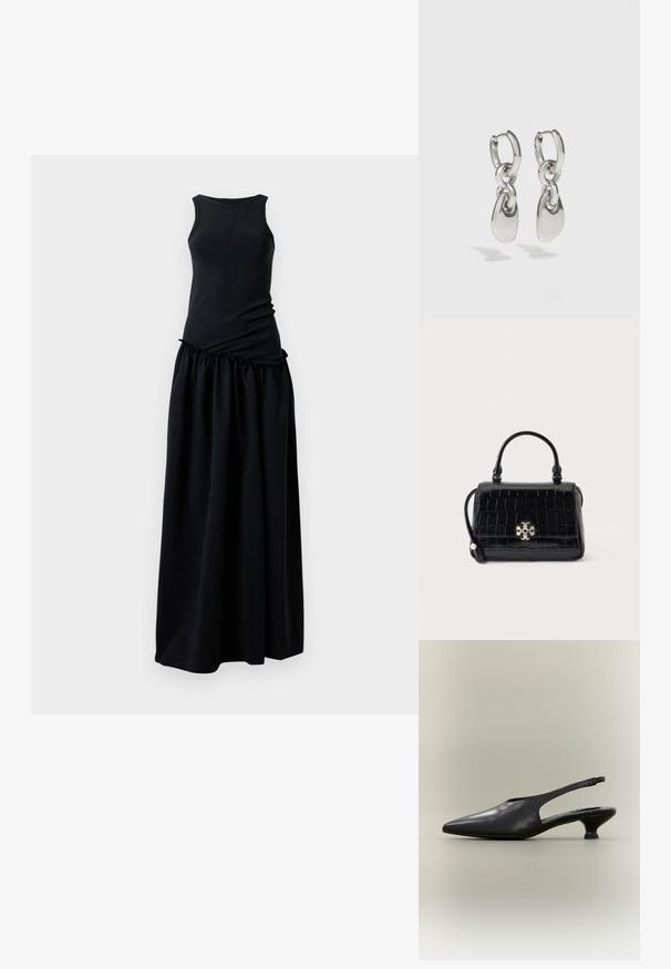 Robe noire avec un haut ajusté à col rond et une jupe froncée et fluide. Fabriquée à partir d'un tissu doux et lisse avec une texture homogène.; Chaussure à bride arrière en cuir noir avec bout pointu et petit talon bas sur fond neutre.; Sac à main noir à texture crocodile avec poignée supérieure et fermoir argenté, posé contre un fond clair uni.; Boucles d'oreilles en argent avec des maillons ovales allongés, présentant une finition polie et un pendentif tombant texturé. Design simple avec des bords lisses.