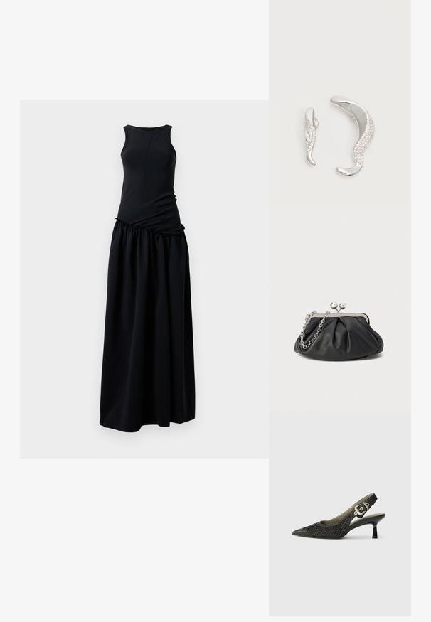 Robe noire avec un haut ajusté à col rond et une jupe froncée et fluide. Fabriquée à partir d'un tissu doux et lisse avec une texture homogène.; Chaussure slingback noire avec un bout pointu, texture en maille tissée et accent de boucle au talon. Talon fin et courbé. Détails en cuir lisse.; Porte-monnaie en cuir noir avec texture froncée, cadre en métal argenté, fermeture à verrouillage kiss-lock et bandoulière en chaîne. Surface lisse et douce.; Deux boucles d'oreilles argentées courbées, l'une plus grande que l'autre, toutes deux ornées de petits cristaux scintillants le long d'un bord.