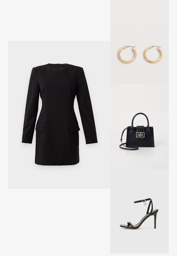 Robe noire à manches longues avec un col rond, deux poches avant et une coupe élégante, fabriquée dans un tissu lisse avec un minimum de détails.; Sandale à talon haut noire avec une bride étroite à la cheville, bout carré, cuir lisse et accent de boucle métallique.; Sac à main en cuir noir avec un design structuré, des poignées supérieures et une bandoulière amovible. Présente une plaque logo en ton argent et une texture lisse.; Paire de boucles d'oreilles épaisses en or brillant avec tiges métalliques sur un fond gris clair.