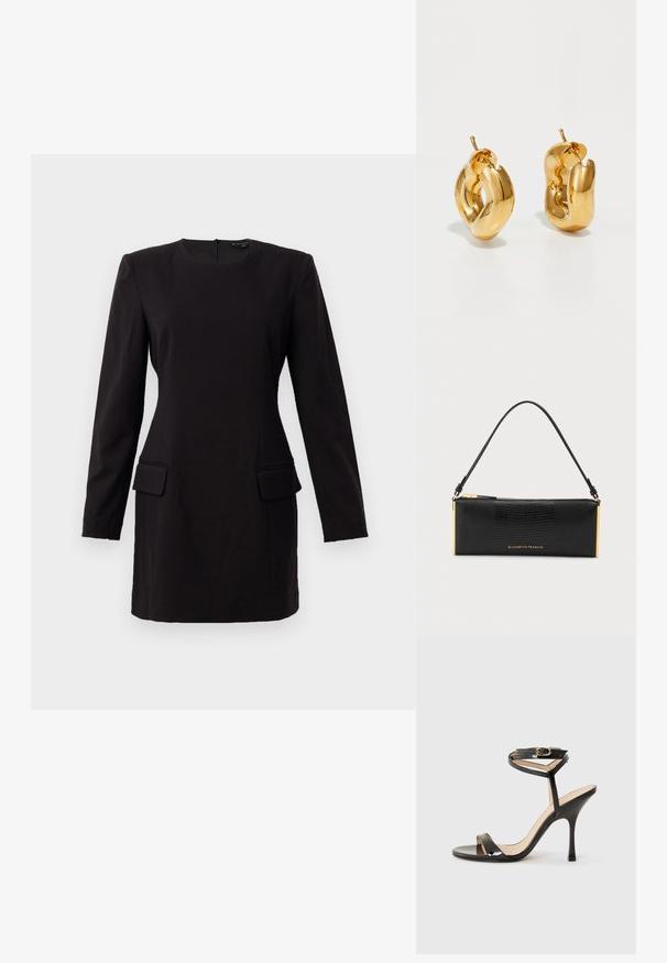 Vestido negro de manga larga con escote redondo, dos bolsillos frontales y un corte ajustado, hecho de una tela suave con un diseño minimalista.; Sandalia de tacón alto de charol negro con tira delgada en el tobillo y hebilla, punta abierta y tacón aguja esbelto sobre fondo blanco.; Bolso rectangular texturizado negro con una sola correa, cremallera dorada, detalles dorados y logo de Elisabetta Franchi en la parte delantera.; Pendientes de aro grueso en oro con un diseño tubular ligeramente retorcido y cierre de presión, sobre un fondo blanco.