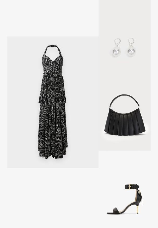 Robe maxi sans manches noir et blanc avec un corsage froncé, un ourlet à volants superposés et un motif géométrique de points et de lignes.; Sandale à talon en cuir noir avec un bout carré, une bride de cheville dotée d'une boucle en or et un talon métallique fin. Texture lisse, design minimaliste.; Sac noir plissé en simili cuir, avec une anse incurvée et une fermeture éclair sur le dessus. Texture lisse avec un design structuré.; Boucles d'oreilles en argent en forme de goutte avec des surfaces lisses, rondes et réfléchissantes, suspendues à des fermoirs à ressort. L'arrière-plan est blanc uni.
