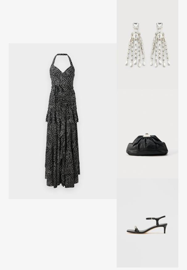 Mustvalge halter-kaelusega maxi kleit, millel on volditud bodice, kihiline volangäär ja geomeetriline punktide ja joonte mustri. ; Mustast nahast kontsaga sandaal pahklipaelaga, avatud varbaga, ruudukujulise esiosa ja hõbedase riistvaralist rõhutusega. Lõigatud disain ja sujuv profiil.; Mustast nahast käekott kogutud tekstuuriga, metallist kinnituslukk ja esiküljel peenelt reljeefne logo. Ümar kuju.; Hõbedatooni ripatsiga kõrvaklipsid ruudukujuliste studide, ringikujuliste pärlite ja tilgakujuliste ripatsitega ahelate küljes.