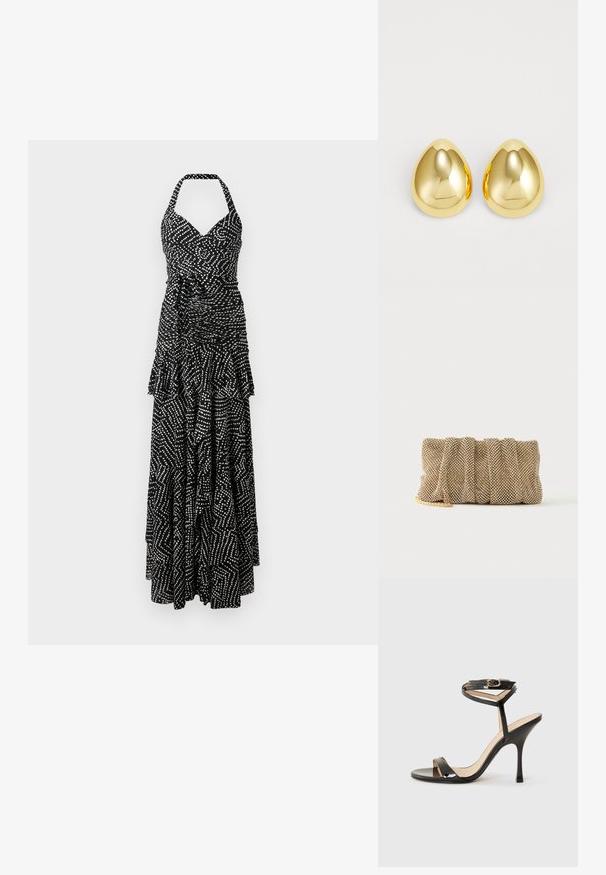 Vestido maxi en blanco y negro con escote halter, cuerpo fruncido, dobladillo de capas con volantes y un patrón geométrico de puntos y líneas.; Sandalia de tacón alto de charol negro con tira delgada en el tobillo y hebilla, punta abierta y tacón aguja esbelto sobre fondo blanco.; Pequeño bolso de mano de malla dorada con un diseño fruncido y una correa de cadena dorada parcialmente visible sobre un fondo blanco liso.; Pendientes de studs de color dorado con una superficie lisa y pulida en forma de lágrima, que reflejan la luz para un acabado brillante.