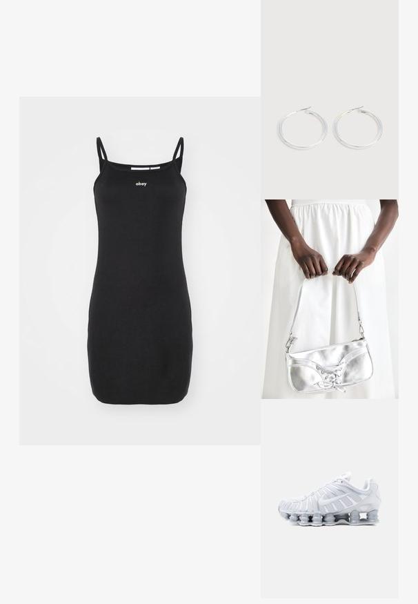 Sort ribbet tankkjole med justerbare spaghetti-stropper og et lille hvidt "obey" logo på brystet. Glat tekstur og tætsiddende design.; Hvid atletisk sneaker med mesh-overdel, lagdelte paneler, Nike swoosh og en karakteristisk fjedrende segmenteret sål for polstring og støtte.; Sølvmetallic håndtaske med snøredetaljer, der har et slankt design og en kort strop. Tasken holdes i hænderne for at fremvise dens tekstur.; Par skinnende sølvøreringe med tynde trådlåse, vist på en lys grå baggrund.
