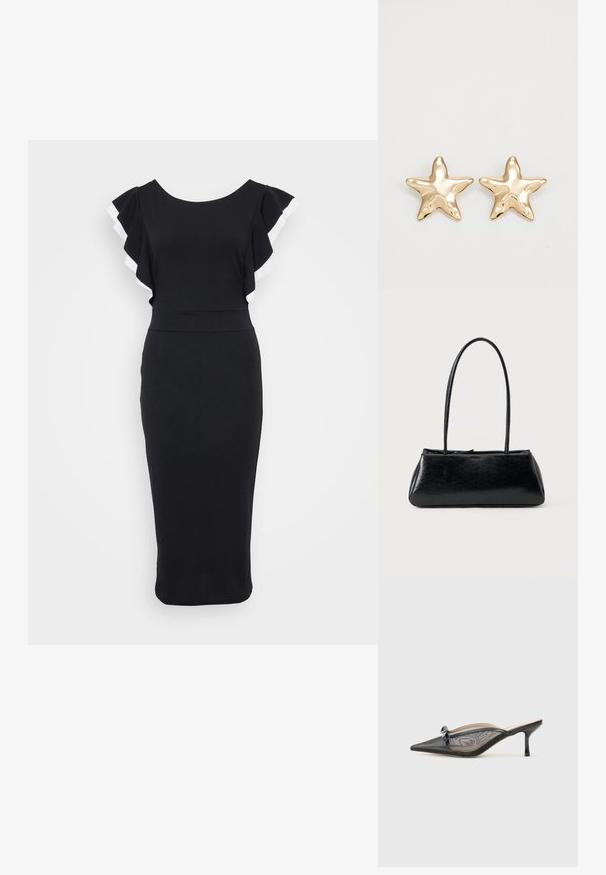 Zwarte jurk met afgeflonken mouwen met witte rand, aansluitende lijfje en een midi-lengte silhouet gemaakt van zacht materiaal.; Zwarte mesh slingback schoen met spitse neus en een kleine hak. Heeft een decoratieve strik op de bovenkant en een gladde zool. Lichtgewicht ontwerp.; Zwarte rechthoekige schoudertas met lange dunne banden en een gladde, glanzende textuur op een effen achtergrond.; Gouden stervormige oorbellen met een gladde, glanzende afwerking en een driedimensionaal ontwerp, met vijf punten en een licht gebogen textuur.