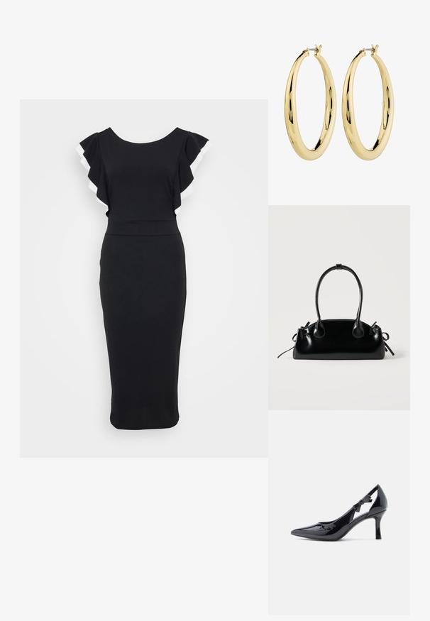 Schwarzes Kleid mit weit ausgestellten Ärmeln, die mit weißem Besatz versehen sind. Taillierter Oberteil und Midi-Länge, gefertigt aus glattem Stoff.; Schwarzer Lackleder-Pumps mit hohem Absatz, spitzer Zehenpartie, Knöchelriemen mit Schleife verziert und schlankem Stiletto-Absatz.; Kleine schwarze glänzende Handtasche mit zwei langen Griffen und seitlichen Kordelzug-Details vor einfachem hellem Hintergrund.; Goldene Creolen mit einer glatten, polierten Oberfläche. Kreisform, mit einem sicheren Verschluss an der Oberseite. Die Oberfläche reflektiert das Licht.
