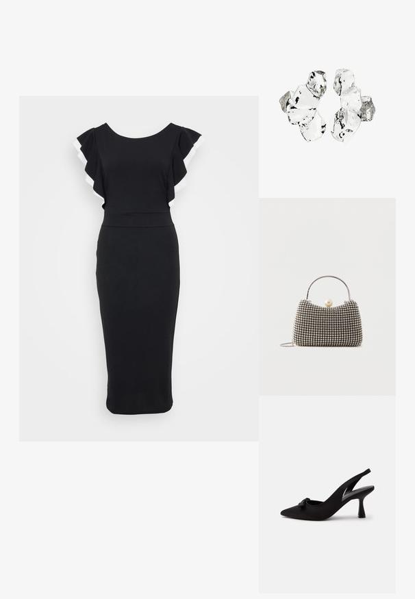 Sort kjole med udvidede ærmer, der har hvid kant, tætsiddende liv og en midi-længde silhuet lavet af glat stof.; Sort peep-toe slingback højhælet sko med en lille sløjfe foran og en smal hæl, vist mod en hvid baggrund.; Lille håndtaske med sølv gittermønster, buet håndtag, stor perle lukning og en tynd sølvkæde strop på en ensfarvet baggrund.; Klynge af seks uregelmæssigt formede, gennemsigtige og reflekterende glaslignende stykker arrangeret på en hvid baggrund.