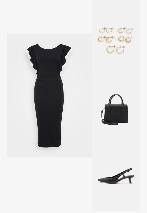 Zwarte jurk met afgeflonken mouwen met witte rand, aansluitende lijfje en een midi-lengte silhouet gemaakt van zacht materiaal.; Zwarte leren slingback schoen met een puntige neus, lage blokhak, uitsnijdingen aan de zijkant en een verstelbare enkelband. Glad oppervlak overal.; Zwarte gestructureerde handtas van leer met een bovenhandvat, een afneembare schouderriem en een voorflapdetail. Gouden hardwareaccenten.; Gouden oorbellen set, met verschillende vormen: kleine oorringen, stevige krommen en kettingaccenten. Gladde en gestructureerde afwerkingen.