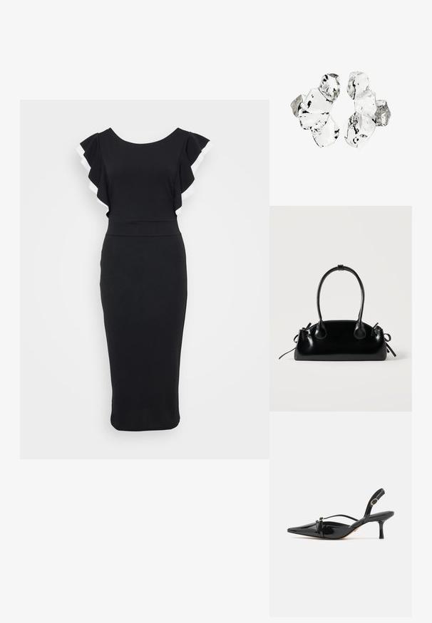 Schwarzes Kleid mit weit ausgestellten Ärmeln, die mit weißem Besatz versehen sind. Taillierter Oberteil und Midi-Länge, gefertigt aus glattem Stoff.; ALDO MARIETTA PILLOW WALK - Pumps - black; Kleine schwarze glänzende Handtasche mit zwei langen Griffen und seitlichen Kordelzug-Details vor einfachem hellem Hintergrund.; Cluster von sechs unregelmäßig geformten, transluzenten und reflektierenden glasähnlichen Stücken, angeordnet auf weißem Hintergrund.