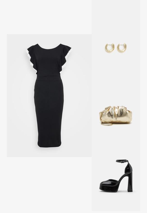Schwarzes Kleid mit weit ausgestellten Ärmeln, die mit weißem Besatz versehen sind. Taillierter Oberteil und Midi-Länge, gefertigt aus glattem Stoff.; Schwarze Lackleder-Plateau-Absätze mit einem Knöchelriemen, runder Zehenform und Blockabsatz, die eine glatte, glänzende Textur präsentieren.; Goldfarbene metallische Clutch-Tasche mit einer gekräuselten Textur, weicher runder Form und einem abnehmbaren Kettenriemen. Verfügt über ein gerafftes Design an der Oberseite.; Goldfarbene Creolen mit einer glatten, polierten Oberfläche. Sie haben eine halbkreisförmige Form und einen sicheren Stiftverschluss.