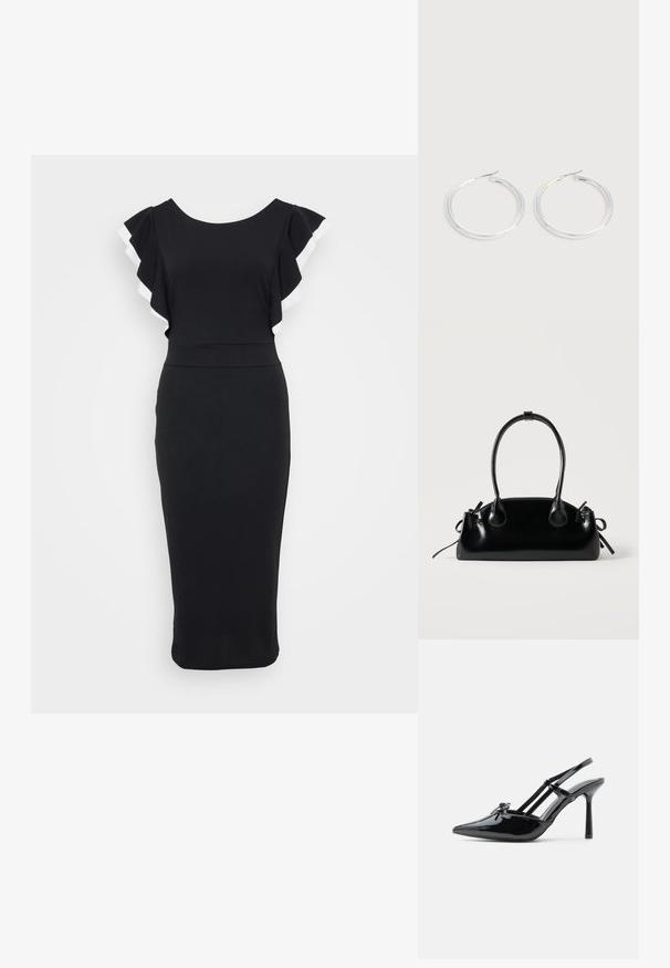 Zwarte jurk met afgeflonken mouwen met witte rand, aansluitende lijfje en een midi-lengte silhouet gemaakt van zacht materiaal.; Zwarte lakleren hoge hakken met slingback, puntige neus, dunne hak en dubbele banddetails over de wreef.; Kleine zwarte glanzende handtas met twee lange hengsels en zijkant trekkoord details op een effen lichte achtergrond.; Een paar glanzende zilveren oorringen met dunne draadafsluitingen, getoond op een lichtgrijze achtergrond.