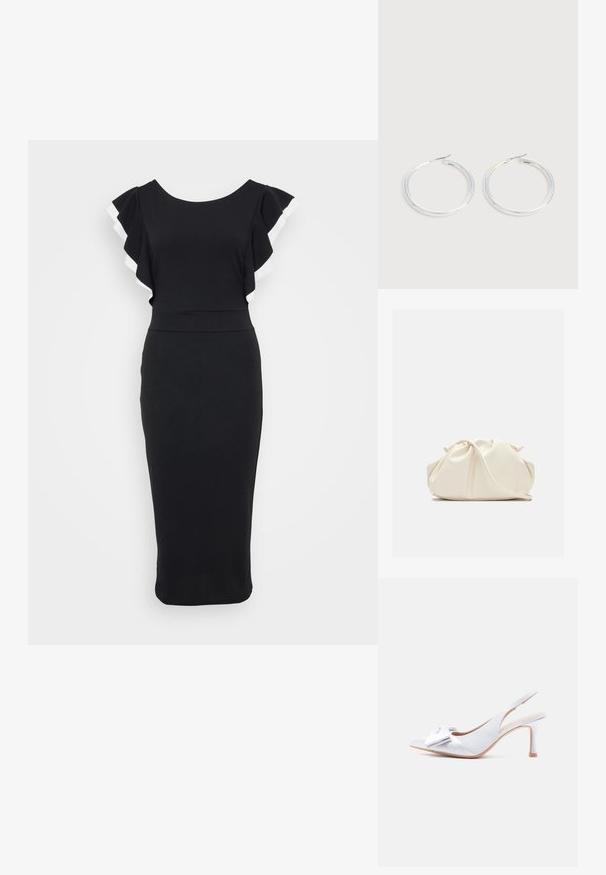 Zwarte jurk met afgeflonken mouwen met witte rand, aansluitende lijfje en een midi-lengte silhouet gemaakt van zacht materiaal.; Witte satijnen slingback pumps met spitse neus en dunne hak. Voorzien van een decoratieve strik aan de voorkant en een gladde textuur.; Zachte, crèmekleurige leren clutch met geplooid, gerimpeld ontwerp en een dunne schouderriem die vooraan op een effen achtergrond ligt.; Een paar glanzende zilveren oorringen met dunne draadafsluitingen, getoond op een lichtgrijze achtergrond.