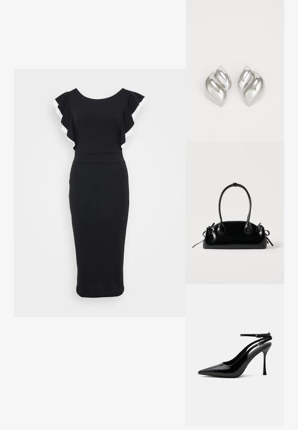 Schwarzes Kleid mit weit ausgestellten Ärmeln, die mit weißem Besatz versehen sind. Taillierter Oberteil und Midi-Länge, gefertigt aus glattem Stoff.; Schwarzer Lackleder-Pumps mit hohem Absatz, spitzer Kappe und doppelten Knöchelriemen mit silbernen Schnallen.; Kleine schwarze glänzende Handtasche mit zwei langen Griffen und seitlichen Kordelzug-Details vor einfachem hellem Hintergrund.; Silberne Ohrringe mit einer organischen, abstrakten Form. Glatte, glänzende Oberfläche mit einem konischen Design. Mit dezenten Kurven und einem zentralen Linienelement.