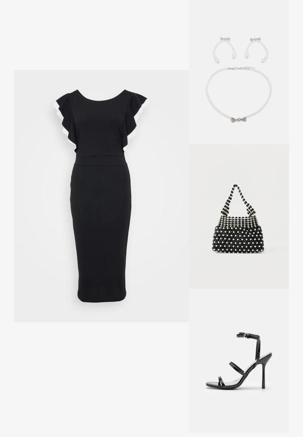 Schwarzes Kleid mit weit ausgestellten Ärmeln, die mit weißem Besatz versehen sind. Taillierter Oberteil und Midi-Länge, gefertigt aus glattem Stoff.; Schwarze Lackleder-High-Heel-Sandalen mit drei horizontalen Riemen und einem verstellbaren Knöchelriemen. Schlanke Silhouette und glänzende Oberfläche.; Schwarze und weiße Handtasche mit Perlenbesatz und kurzem Griff, die abwechselnd perlenähnliche und schwarze facettierte Perlen in einem karierten Muster zeigt.; Perlenkette und passendes Ohrringset. Die Kette besteht aus runden Perlen mit einer silbernen Schleifenakzentuierung; die Ohrringe ahmen das Schleifendesign mit Perlenanhängern nach.