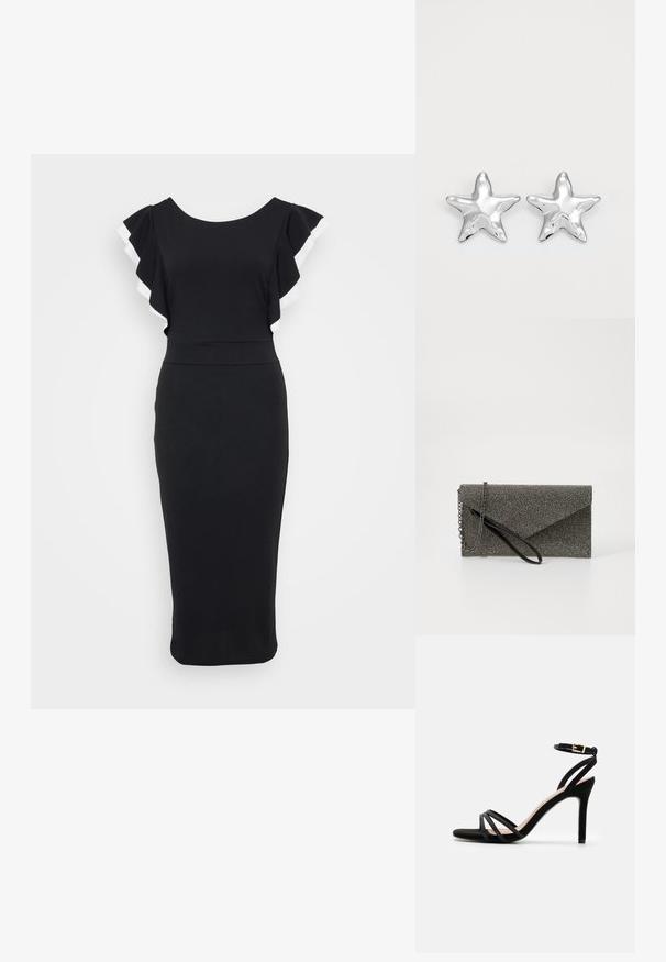 Sort kjole med udvidede ærmer, der har hvid kant, tætsiddende liv og en midi-længde silhuet lavet af glat stof.; Anna Field by Zalando Sandaler - black; Metallic grå clutch pung med struktureret mesh mønster, kuverter design, kæde rem og en slank, tynd håndledsrem.; Sølvstjernede øreringe med en poleret, blank overflade. Hver ørering har fem spidser og subtile teksturdetaljer på overfladen.
