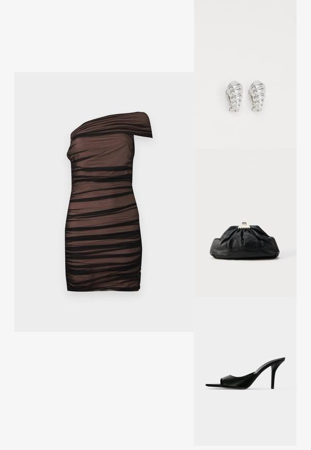 Enskulder, gennemsigtig sort bodycon kjole med horisontale rynkede striber og en tætsiddende silhuet.; Sort læder åben tå højhælet mule med en slank stilet hæl, vist i sideprofil på en ensfarvet baggrund.; Sort læderclutch med en samlet tekstur, metal lukning og diskret præget logo på forsiden. Rundet form.; Sølv clip-on øreringe med spiralmønster, der har en glat metallisk tekstur og runde former. Ingen synlige udsmykninger eller mønstre.