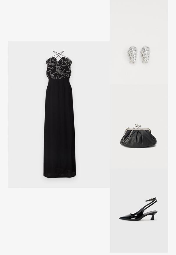 Robe maxi noire avec motif abstrait à pois blancs sur le corsage ajusté ; fines bretelles croisées et jupe fluide.; Escarpins à brides arrière en cuir verni noir, à bout pointu, avec un petit talon carré et une sangle de cheville ajustable dotée d'une boucle dorée.; Porte-monnaie en cuir noir avec texture froncée, cadre en métal argenté, fermeture à verrouillage kiss-lock et bandoulière en chaîne. Surface lisse et douce.; Boucles d'oreilles en clip argentées avec un design en spirale, présentant une texture métallique lisse et des formes arrondies. Pas d'embellissements ou de motifs visibles.