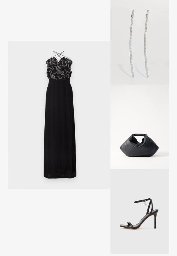 Robe maxi noire avec motif abstrait à pois blancs sur le corsage ajusté ; fines bretelles croisées et jupe fluide.; Sandale à talon haut noire avec une bride étroite à la cheville, bout carré, cuir lisse et accent de boucle métallique.; Sac en cuir noir avec un extérieur texturé, une forme froissée unique et une courte poignée. Dispose d'un seul compartiment principal.; Boucles d'oreilles allongées en ton argenté avec un design incurvé, ornées d'une rangée de cristal clair le long des bords extérieurs pour plus d'éclat.