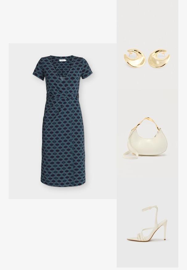 Robe midi bleu marine à manches courtes, col en V et motif géométrique hexagonal bleu sarcelle et bleu clair.; Sandales à talons hauts beiges avec un bout pointu, comportant trois brides à l'avant et une fine bride à la cheville avec une boucle. Texture lisse, design minimaliste.; Sac à main crème en forme de croissant avec poignée courte brillante dorée et bandoulière longue assortie sur un fond clair uni.; Une paire de boucles d'oreilles en forme de croissant dorées et brillantes, avec des supports en plastique transparent, sur une surface gris clair.