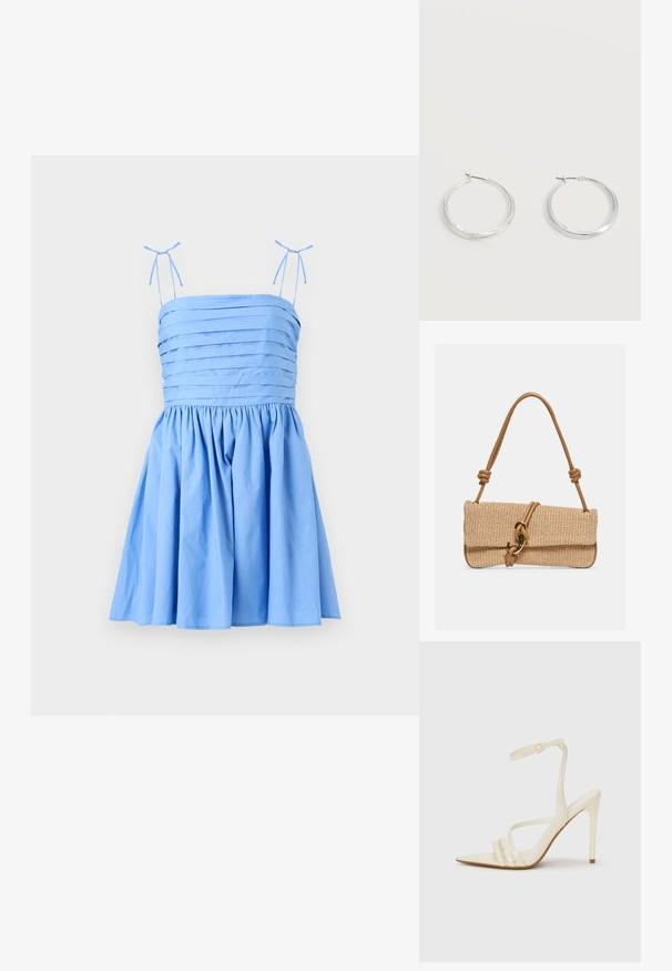 Vestido azul claro con tirantes delgados y ajustables. Presenta un cuerpo plisado y una falda fruncida, confeccionado en una tela suave y lisa.; Sandalias de tacón alto beige con punta estrecha, que cuentan con tres tiras frontales y una tira delgada en el tobillo con hebilla. Textura lisa, diseño minimalista.; Bolso de mano rectangular tejido en color beige con asa de cuero marrón claro que presenta nudos y un cierre de gancho en tono dorado sobre un fondo liso.; Pendientes de aro de metal plateado con superficie lisa y ligeramente curvada y cierre de tipo mosquetón sobre un fondo blanco liso.