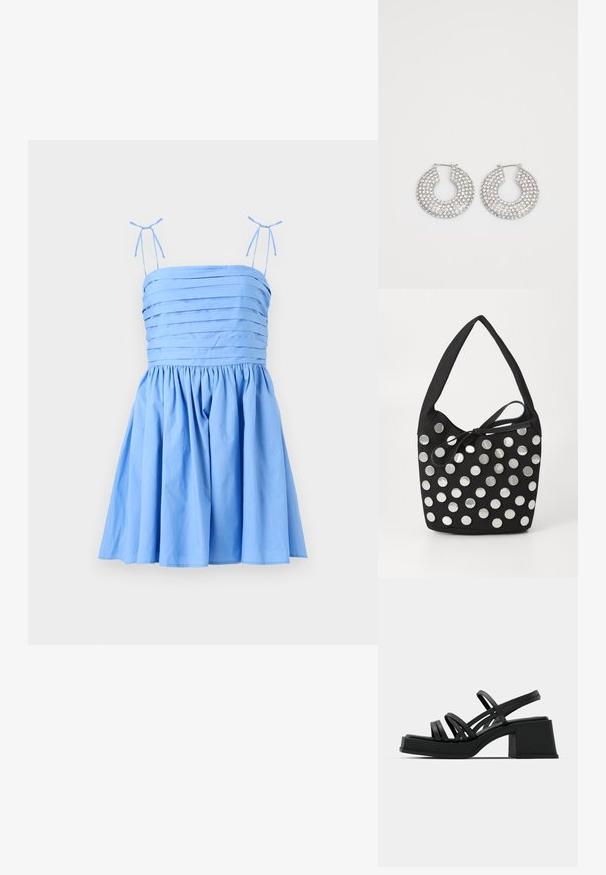 Vestido azul claro con tirantes delgados y ajustables. Presenta un cuerpo plisado y una falda fruncida, confeccionado en una tela suave y lisa.; Sandalias negras de tacón con múltiples tiras delgadas y un tacón ancho. Diseño elegante con una textura mate. La plantilla tiene una leve curvatura.; Bolso de tela negro con forma redondeada, adornado con tachuelas metálicas circulares plateadas dispuestas en un patrón, y un detalle de tela atado.; Aros de plata en forma de aro adornados con múltiples embellishments de cristal transparente, con una superficie texturizada y un diseño circular abierto.