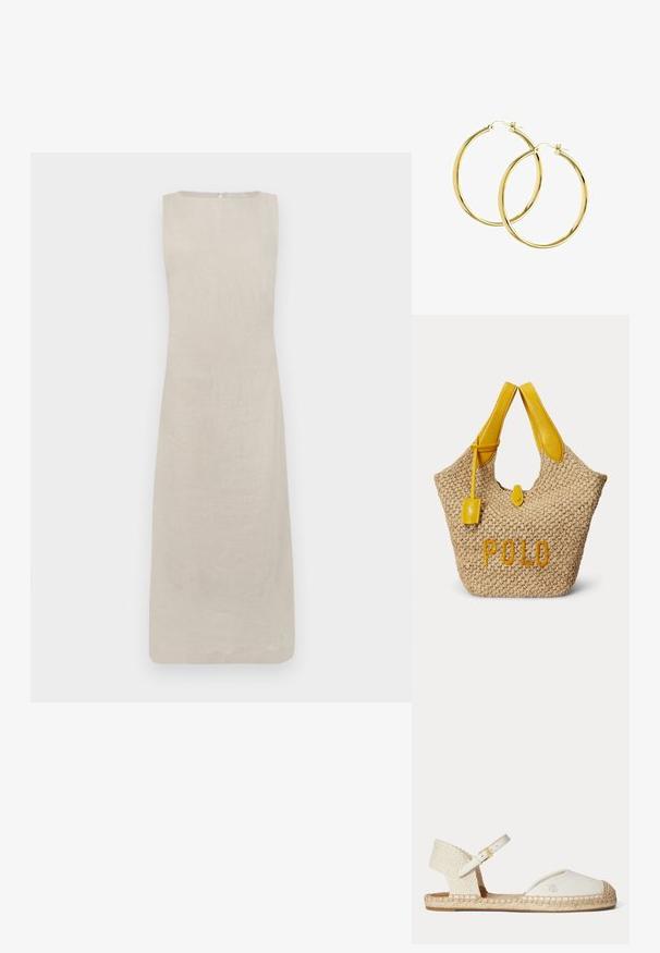 Sleevless linnedress i lys beige, med en lige silhuet og rund halsudskæring, samt en skjult lynlås i ryggen til lukning.; Hvid espadrillesandal med flettet hæl, ankrem med gyldent spænde og "RL"-logo på lærreds-tåhætten, flad jutesål.; Beige vævet taske med gule læderhåndtag, et lille gult lædermærke og ordet "POLO" broderet i gult foran.; Guldøreringe i hoop-stil med en glat, skinnende overflade og en sikker låsemekanisme. Cirkulært design uden yderligere pynt eller mønstre.