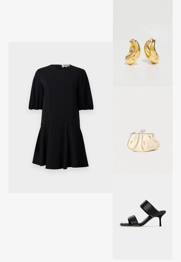 Vestido negro con un escote redondo, mangas cortas abullonadas y una falda acampanada. Fabricado en un tejido suave con detalles de costura.; Sandalia mule de cuero negro con dos tiras anchas y un tacón de aguja delgado de altura media sobre un fondo claro y sencillo.; Clutch de cuero beige plisado con un marco de metal plateado, que cuenta con dos broches decorativos redondos y una correa de cadena plateada.; Pendientes de aro de oro con forma curva y suave, y acabado pulido. Presentan un mecanismo de cierre y ligeras indentaciones para un toque de detalle.