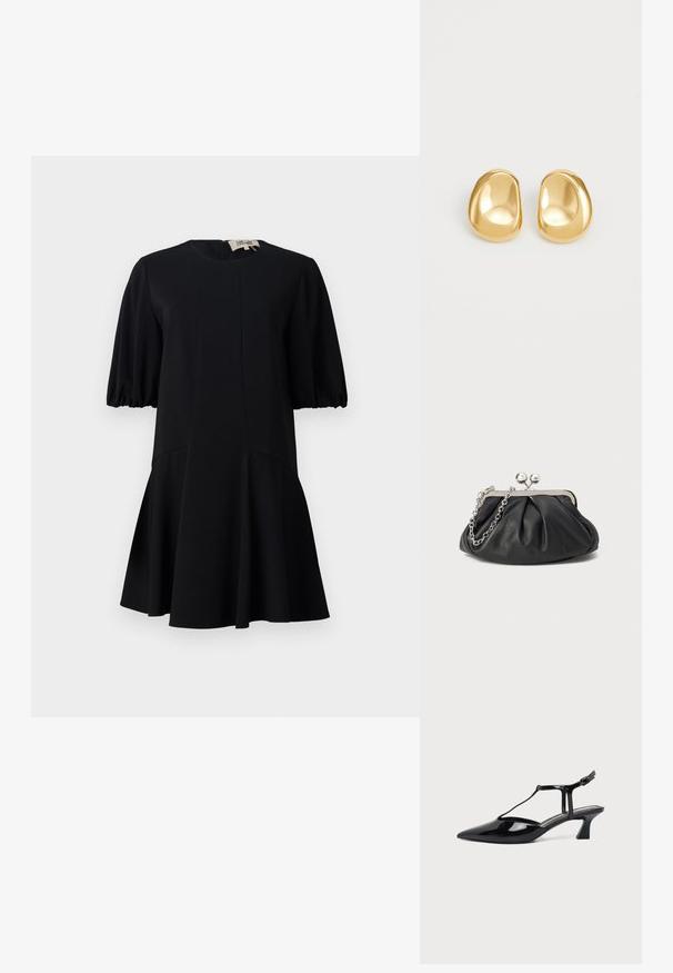 Vestido negro con un escote redondo, mangas cortas abullonadas y una falda acampanada. Fabricado en un tejido suave con detalles de costura.; Zapato de tacón bajo para mujer en charol negro con tira trasera, punta puntiaguda y correa fina con cierre de hebilla pequeña.; Clutch de cuero negro con textura arrugada, marco de metal en tono plateado, cierre de beso y cadena para colgar. Superficie suave y lisa.; Pendientes de studs en color dorado con una forma suave y redondeada y una superficie reflectante, que exhiben un diseño minimalista y sin patrones visibles.