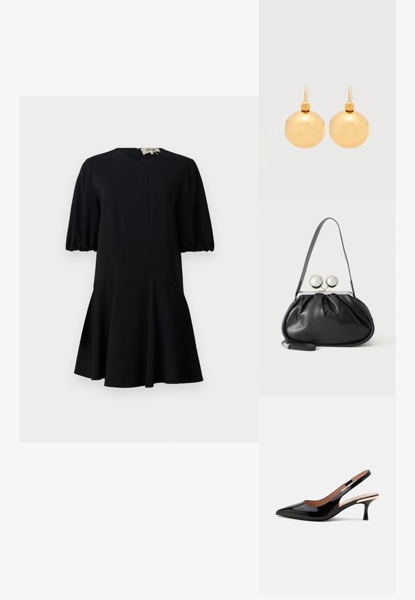 Zwart jurk met een ronde halslijn, korte puffmouwen en een uitlopende rok. Gemaakt van een soepel materiaal met naaddetails.; Zwarte lakleren slingback pump met puntige neus en lage kittenheel op een eenvoudige witte achtergrond.; Zwarte leren handtas met een geplooid ontwerp, een enkele schouderband, zilverkleurige metalen omlijsting en twee grote ronde zilveren sluitingen.; Een paar glanzende gouden kerstbal-oorbellen met haaksluitingen op een effen witte achtergrond.