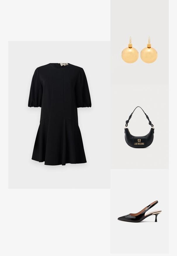 Vestido negro con un escote redondo, mangas cortas abullonadas y una falda acampanada. Fabricado en un tejido suave con detalles de costura.; Zapato de salón slingback de charol negro con punta afilada y tacón bajo tipo kitten sobre un fondo blanco liso.; Bolso negro en forma de media luna con asa anudada y placa frontal dorada con el logo "Love Moschino", cierre superior con cremallera.; Par de pendientes de bola navideña dorados brillantes con cierre de gancho sobre un fondo blanco liso.