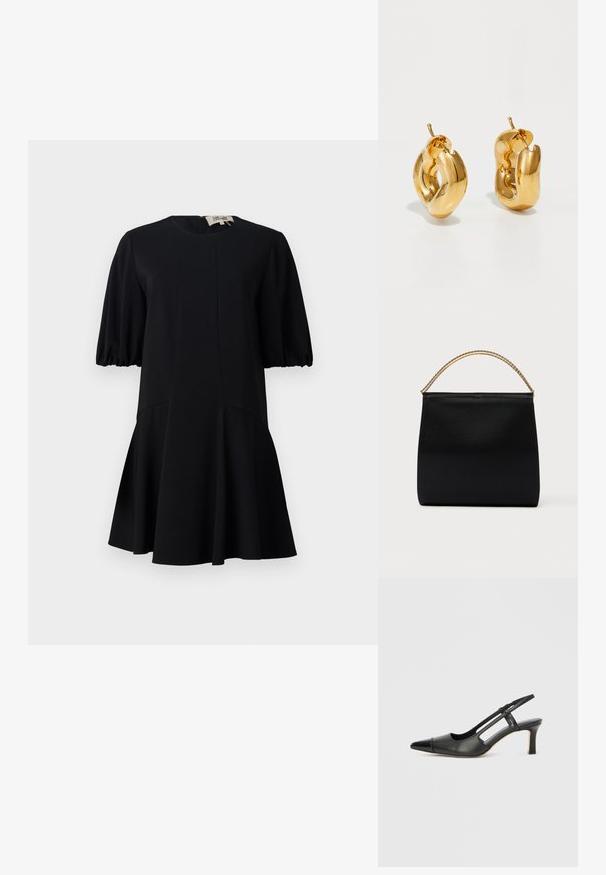Sort kjole med rund halsudskæring, korte pufærmer og en udflydende nederdel. Fremstillet af et glat stof med syninger.; Sort læder slingback-sko med spids tå, der har en blank accent på tåhætten og en mellemhøj hæl. Åben sidesektion.; Sort taske lavet af glat stof, med en struktureret form, et håndtag med guld kæde og et minimalistisk geometrisk design.; Chunky guld hoop øreringe med et let snoet, rørformet design og postsystem bagpå, på en hvid baggrund.