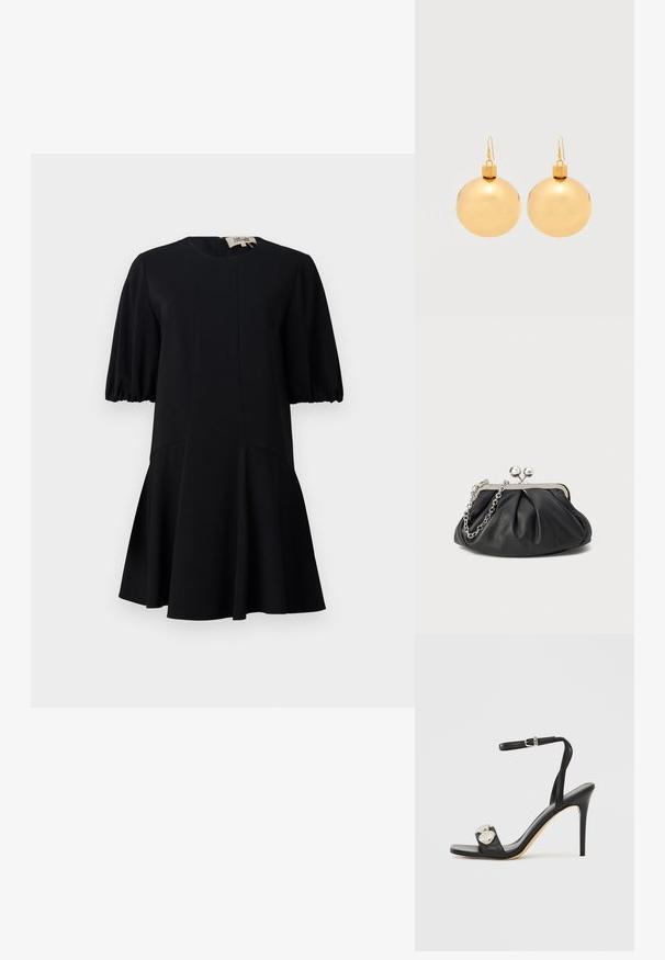 Zwart jurk met een ronde halslijn, korte puffmouwen en een uitlopende rok. Gemaakt van een soepel materiaal met naaddetails.; Zwarte sandaal met hoge hak en enkelbandje, uitgevoerd in glad leer, met een vierkante neus en twee metalen ronde details.; Zwarte leren clutch met geplooide textuur, zilverkleurig metalen frame, drukknopsluiting en kettingriem. Glad, zacht oppervlak.; Een paar glanzende gouden kerstbal-oorbellen met haaksluitingen op een effen witte achtergrond.