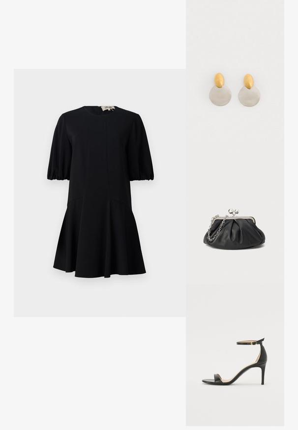 Vestido negro con un escote redondo, mangas cortas abullonadas y una falda acampanada. Fabricado en un tejido suave con detalles de costura.; Sándalo de tacón alto de piel negra con tiras en el tobillo. Presenta una textura suave, puntera abierta y un tacón delgado. Detalles de hebilla en tono dorado.; Clutch de cuero negro con textura arrugada, marco de metal en tono plateado, cierre de beso y cadena para colgar. Superficie suave y lisa.; Pendientes de metal dorado y plateado con base de disco redondo y pieza superior ovalada, textura suave y acabado pulido.