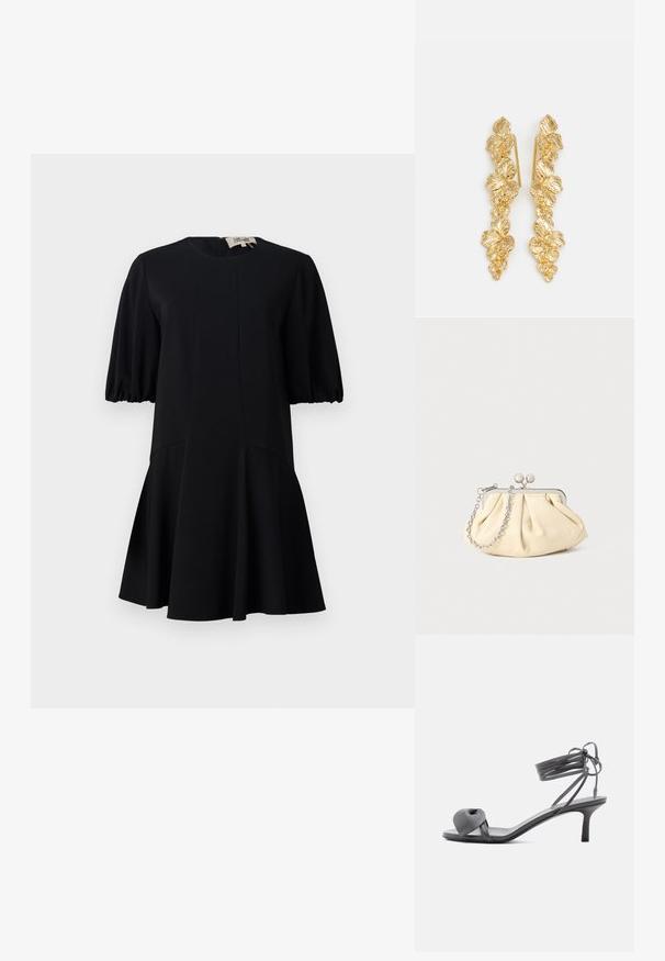 Vestido negro con un escote redondo, mangas cortas abullonadas y una falda acampanada. Fabricado en un tejido suave con detalles de costura.; Sandalia de tacón de cuero gris con tira anudada en los dedos y cordones que se envuelven alrededor del tobillo, sobre un tacón delgado de altura media, sobre fondo blanco.; Clutch de cuero beige plisado con un marco de metal plateado, que cuenta con dos broches decorativos redondos y una correa de cadena plateada.; Pendientes de oro diseñados como hojas en cascada, con detallados patrones de hojas y un acabado metálico brillante. Ligeros con una estructura delicada.